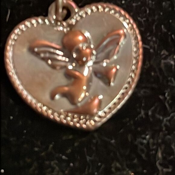 0.5” two toned-silver/rose gold-heart shaped charm/pendant w/cherub blowing horn - Picture 6 of 8
